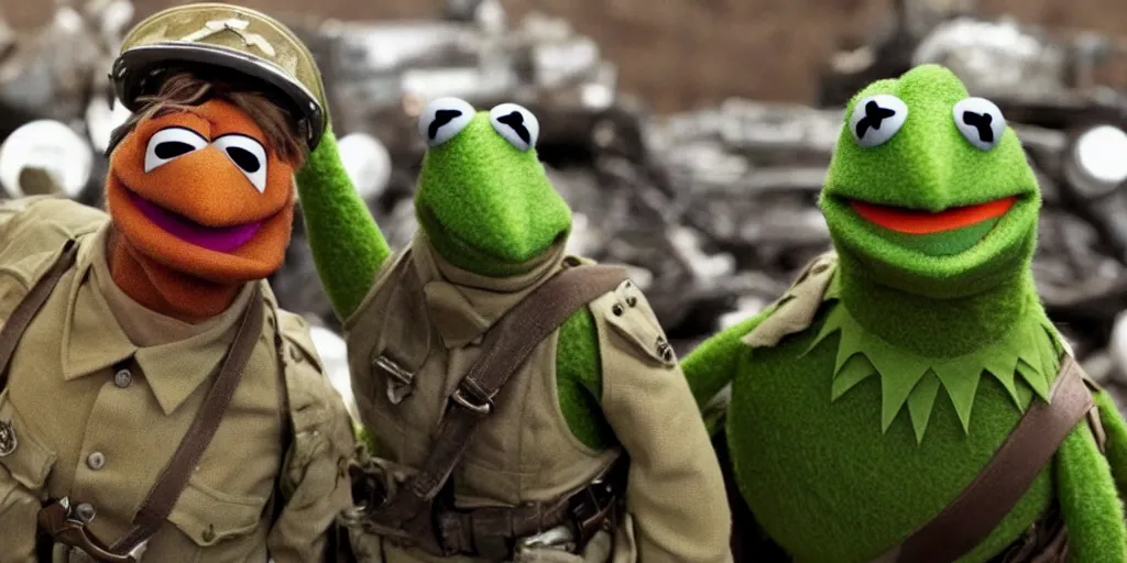 Prompt: muppets world war 2 saving private kermit