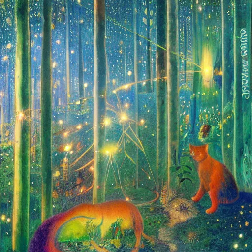 Image similar to psychedelic small cats hidden lush pine forest, outer space, milky way, designed by arnold bocklin, jules bastien - lepage, tarsila do amaral, wayne barlowe and gustave baumann, cheval michael, trending on artstation, star, sharp focus, colorful refracted sparkles and lines, soft light, 8 k 4 k