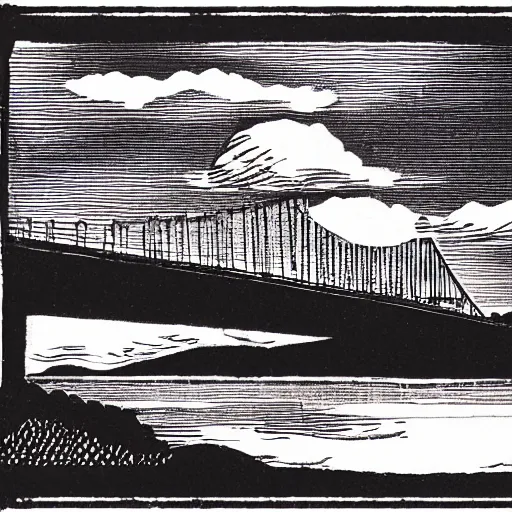 Image similar to small steel suspension bridge built in 1 9 2 8, side view, puffy clouds in background, woodcut style stamp, 8 k