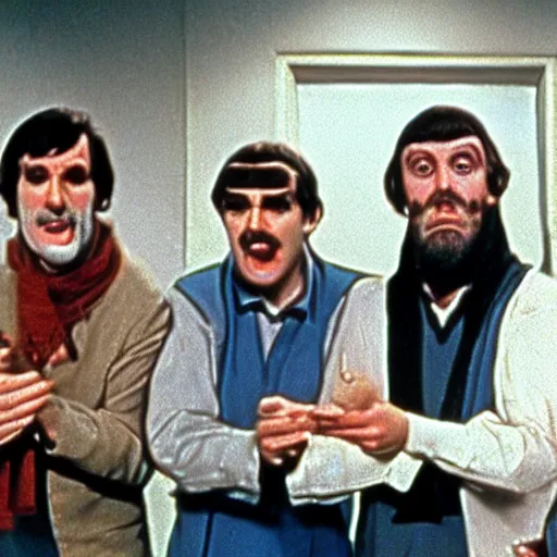 Prompt: Monty Python as a group of Python Software Developers in a tech company
