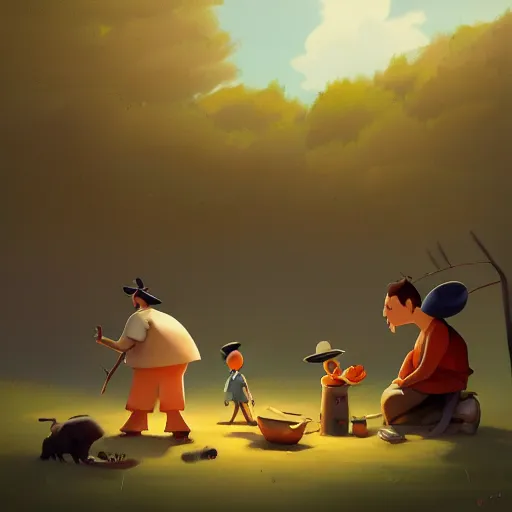 Image similar to goro fujita ilustration people eating in the field, characterized by francisco de goya, character art, sharp focus, highly detailed, artstation