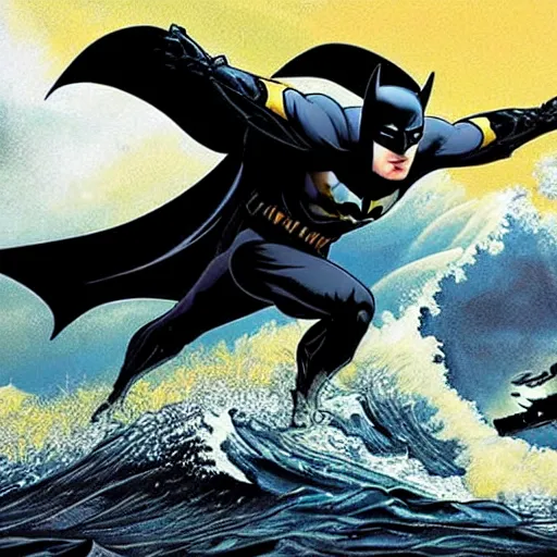 Image similar to Batman surfing on top of a tsunami, photorealistic