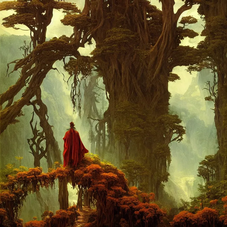 Image similar to a detailed landscape painting inspired by moebius and beksinski of a great forest with path and man with a cape over his head. fantasy poster. cinematic fantasy scene. aurora lighting. fantasy. carl spitzweg. baroque elements. baroque element. intricate artwork by caravaggio. oil painting. award winning. dramatic. trending on artstation. 8 k