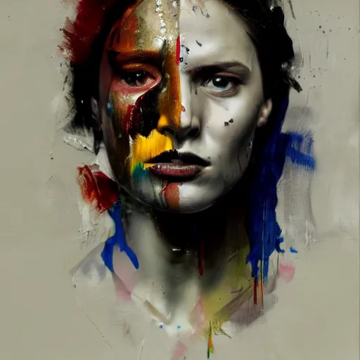 Image similar to portrait of a woman, paint spit on canvas, by alexa meade and lee ellis, highly detailed, sharp, in focus, matte painting, mixed media