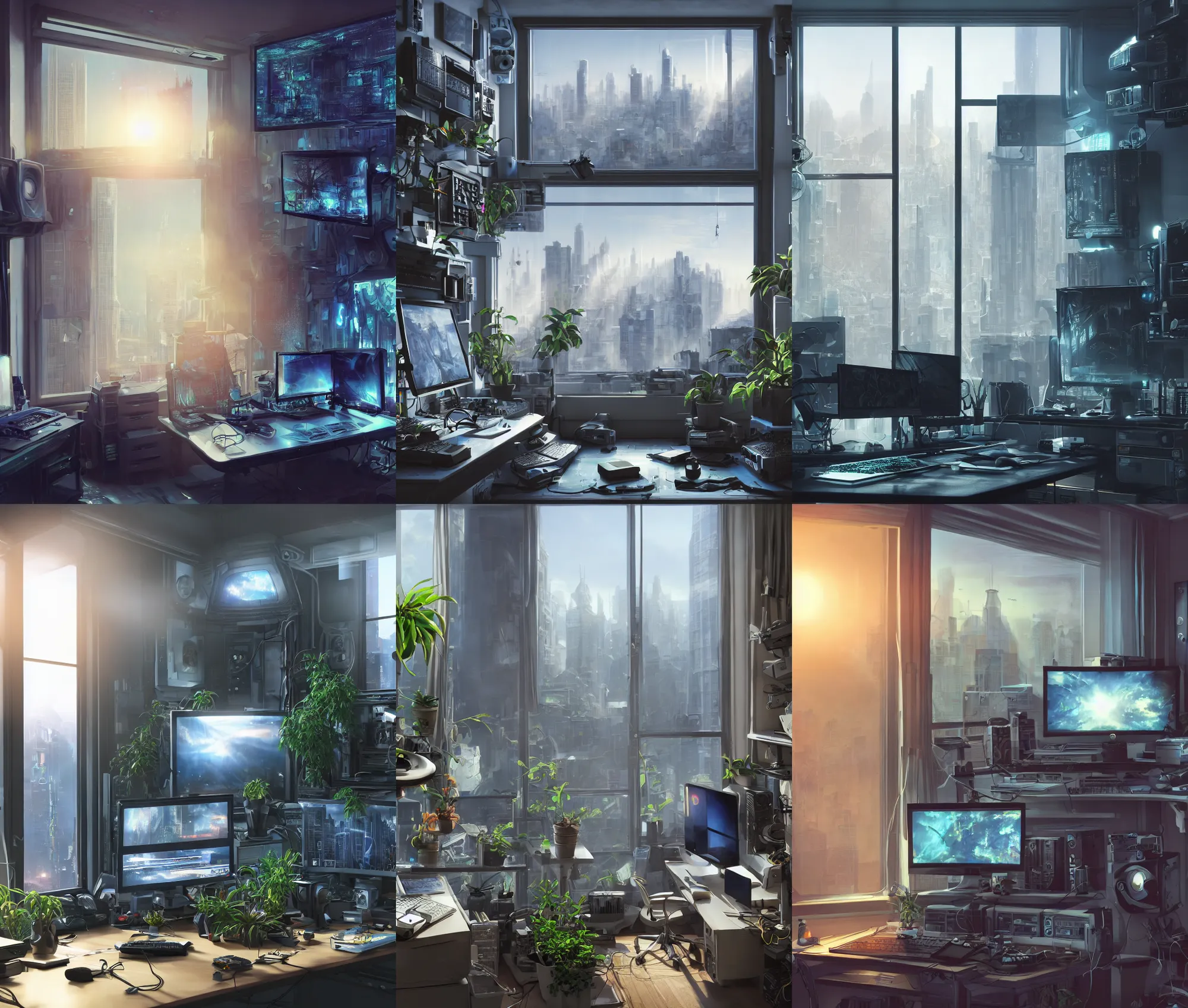Prompt: detailed scifi artstation scene of a complex computer workstation in a small studio apartment room, a potted plant, many monitors, many electronics, a window view of the city, maximalism, volumetric light, sunny amber morning light, sun beam, atmospheric haze, unreal engine, hyperrealism, realistic shading, blender render, photorealistic, wide shot