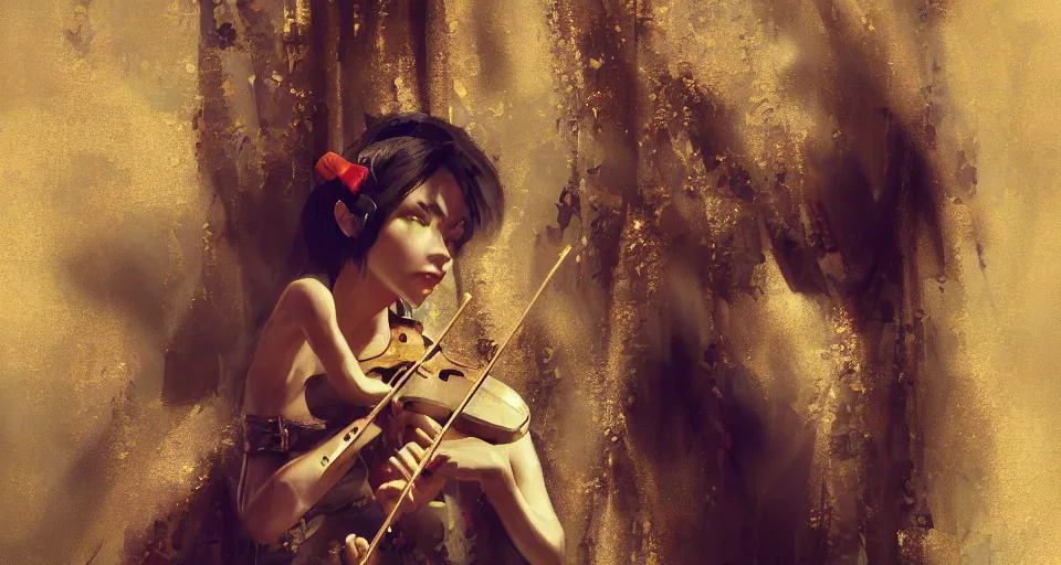 Prompt: craig mullins and ghibli digital art of masked female violinist, exotic costumes, gold jewelry, black hair unreal engine, hyper realism, realistic shading, cinematic composition, realistic render, octane render, detailed textures, photorealistic, wide shot