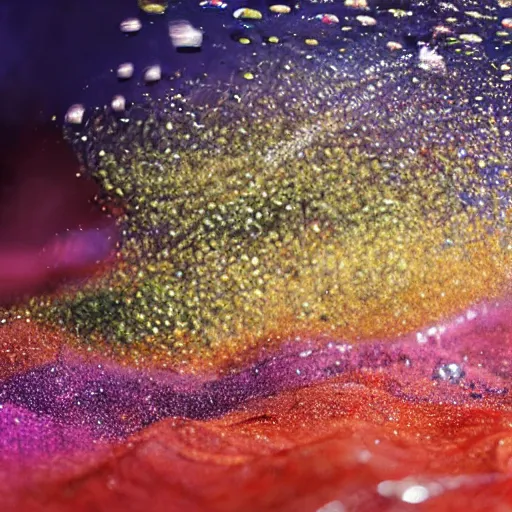 Image similar to glitter and painting mixing underwater turbulence, macro-photography, slow-motion capture