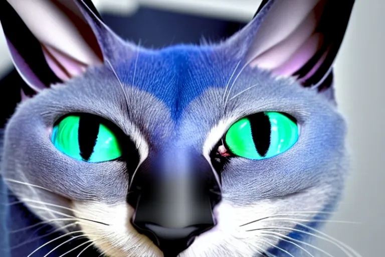 Image similar to a blue - and - black male heterochromatic catbat fursona with blue / green heterochromatic eyes ( differently - colored eyes, one green, one blue ) and huge bat ears, photo of the catbat streaming on his computer