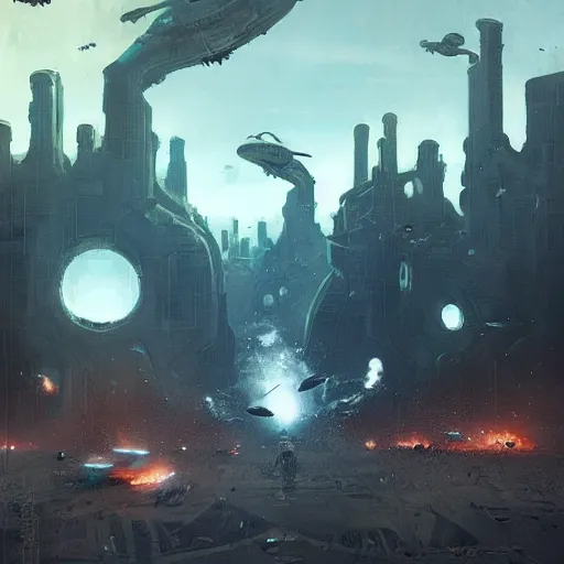 Image similar to an alien invasion the aliens have invaded earth and fighting with the humans blowing up cities by greg rutkowski
