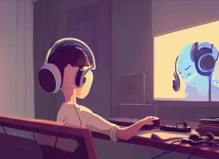 Image similar to man with headphones at his home studio producing music late at night, very detailed, 4 k, cory loftis, james gilleard, atey ghailan, makoto shinkai, goro fujita, studio ghibli, rim light, exquisite lighting, clear focus, very coherent