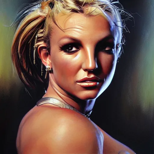 Image similar to detailed portrait of britney spears intricate, hyper detailed, realistic, oil painting, by julie bell, frank frazetta, cinematic lighting