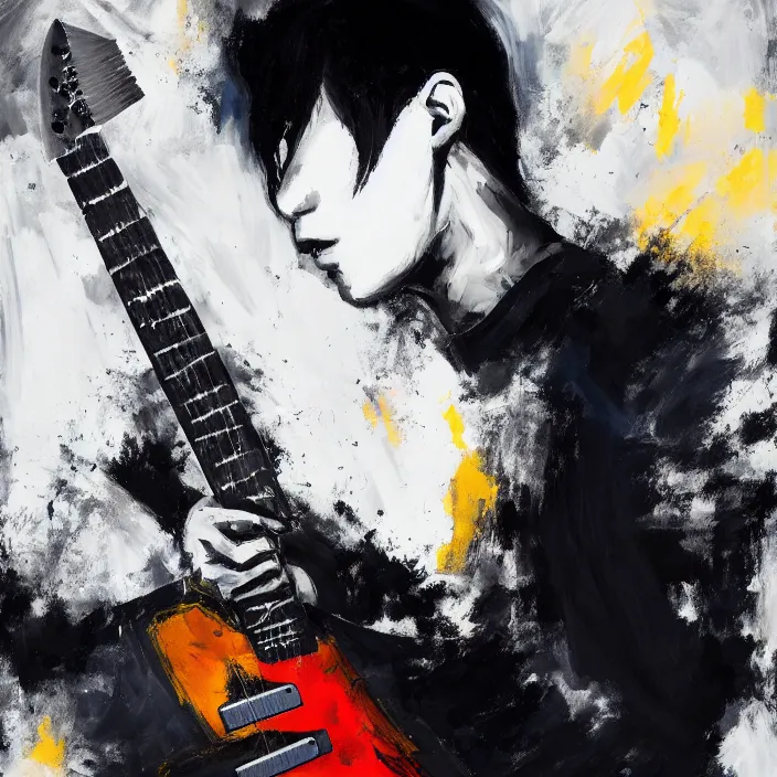 Image similar to large diagonal brush strokes, abstract dark painting of a young korean male musician wearing black tank top holding a telecaster!!! electric guitar!! in a dark room, thick flowing dramatic brush strokes, matte colors, abstract, impressionist, movement, trending on artstation