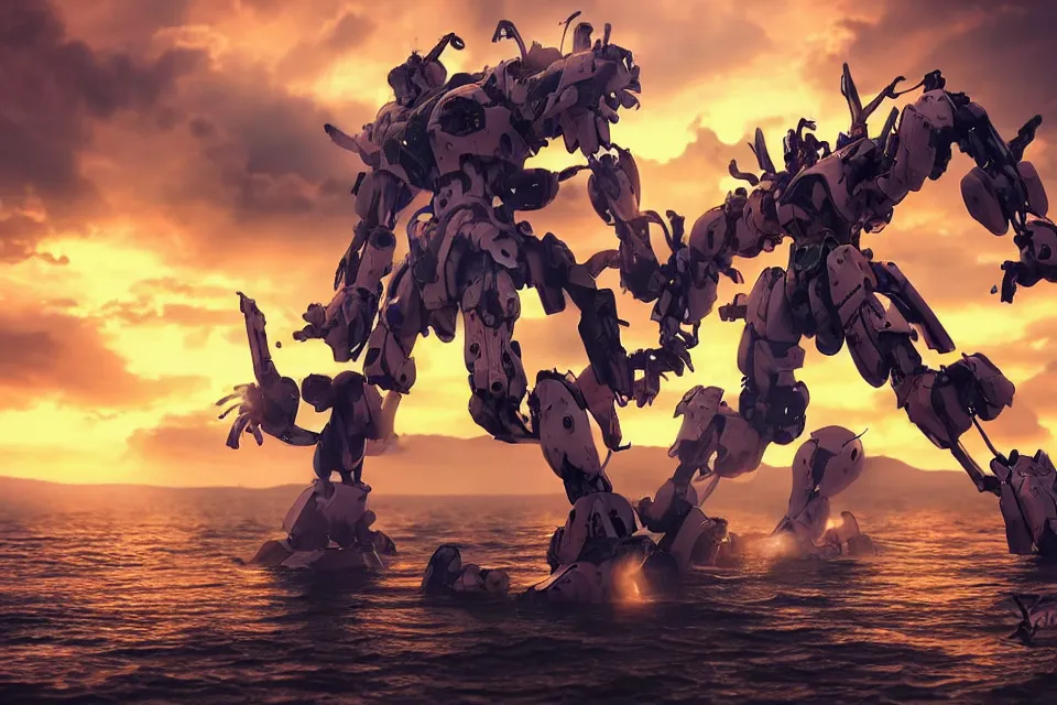 Image similar to Kow Yokoyama Style Mecha and Cyborg Waifu Battle In A Beautiful Lake, beautiful sunset, photorealistic, hyperrealistic, octane render, HDR, IG Studios Anime Style