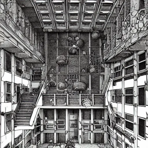 Image similar to a rotten fungus mushroom clump in a bright white hallway with many doors and stairs, Mc Escher architecture, epic composition, decay, anime key visual