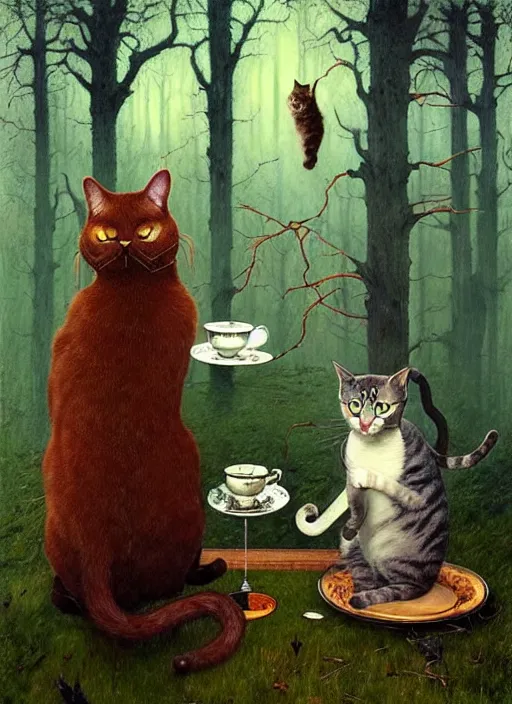 Image similar to cat having tea with a witch in the woods gorgeous lighting, lush forest foliage blue sky a hyper realistic painting by chiara bautista and beksinski and norman rockwell and greg rutkowski weta studio, and lucasfilm