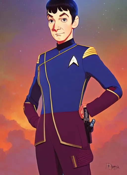 Image similar to cute star trek officer henning wehn, natural lighting, path traced, highly detailed, high quality, digital painting, by don bluth and ross tran and studio ghibli and alphonse mucha, artgerm