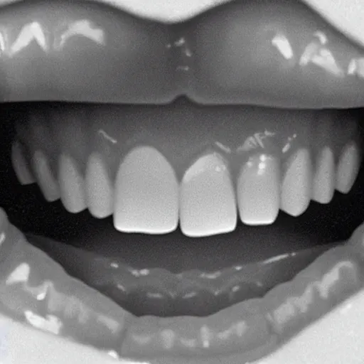 Prompt: a dentist's view of a wide open mouth with a lot of teeth. the teeth are glowing with an unknown holy presence. the virgin mary can be seen.