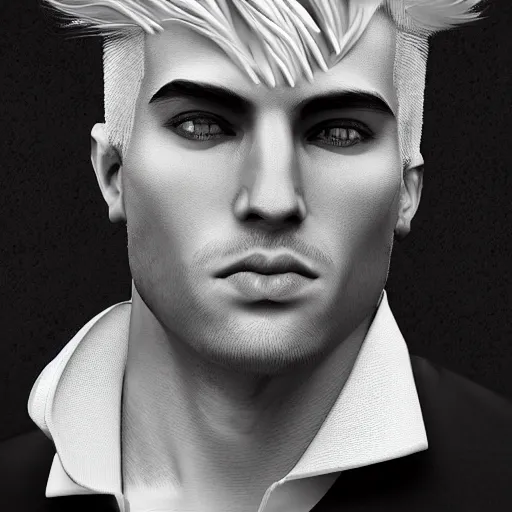 Prompt: A handsome man with Black and White hair, portrait, digital art, trending on artstation, behance