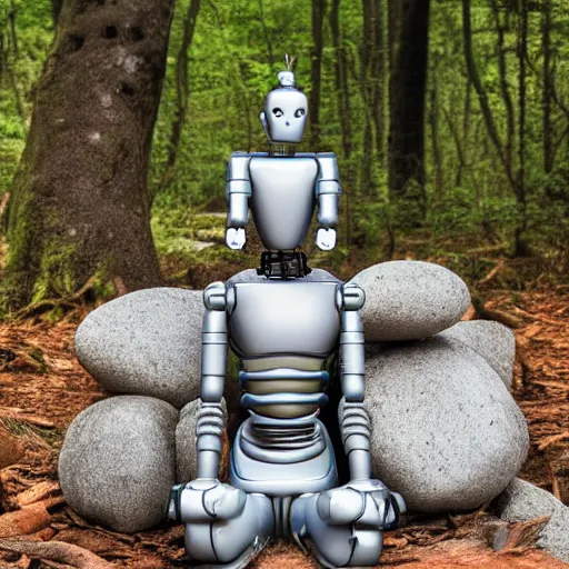 Prompt: robot monk in a forest meditating in front of a stone shrine