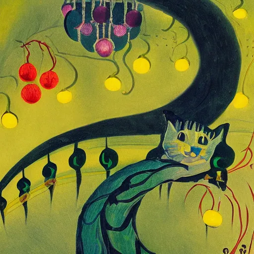 Image similar to detailed painting of cats and caterpillars at a carnival at night watching paper lanterns, in the style of eyvind earle and claude monet and vincent van gogh