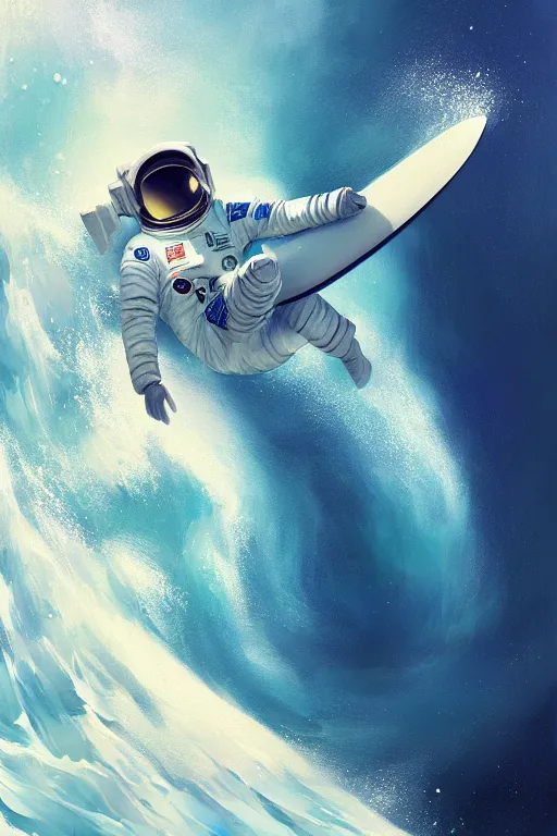 Image similar to a beautiful digital painting of an astronaut in a white space suit surfing the great wave on a surfboard by greg rutkowski, photorealistic, trending on artstation, highly detailed, intricate, unreal engine, octane render