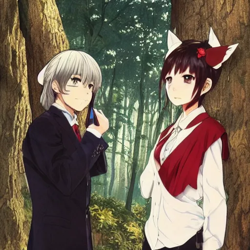 Image similar to anime key visual of a beautiful young female wearing cat ears and a boy wearing white shirt and red tie, intricate, magical forest, stunning, highly detailed, digital painting, artstation, smooth, hard focus, illustration, predator movie, prey movie ( 2 0 2 2 ), art by artgerm and greg rutkowski and alphonse mucha