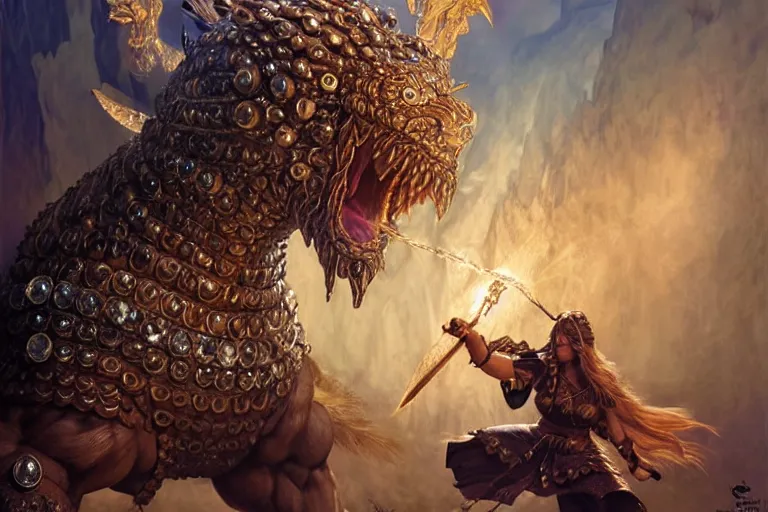 Prompt: mage fighting a behemoth, leather mantle, blonde braided hair mage wearing leather carved crystal armor, crystal plants, movie action still frame, intricate, elegant, highly detailed, hyper realistic, digital painting, concept art, smooth, sharp, focus, illustration, art by artgerm, greg rutkowski, ilya kuvshinov, alphonse mucha