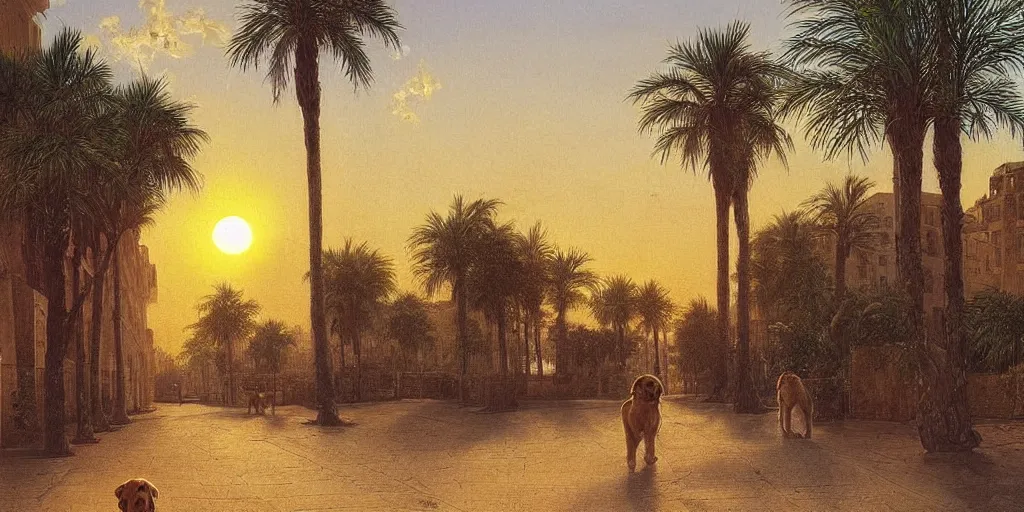 Image similar to golden retriever dog walking in tel aviv street looking at the camera. palm trees. realistic. sunset. high quality. digital art. watercolor. highly detailed. drawing. art. colorful. fluffy art by albert bierstadt