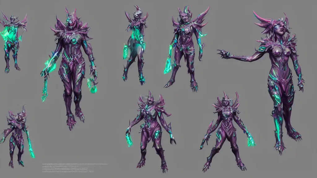 Image similar to a fantasy Bright iridescent ghost demon with four arms character design sheet, trending on artstation