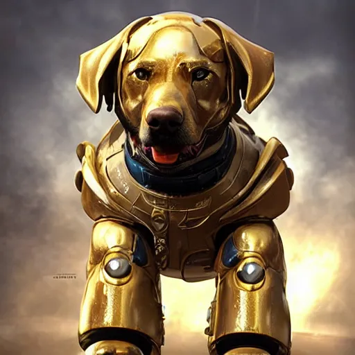 Image similar to cybernetic dog wth golden armor, hard surface, matte painting by jama jurabaev and greg rutkowsky,
