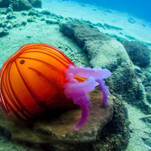 Prompt: An underwater scene feature a jellyfish wrapped around an old divers helmet