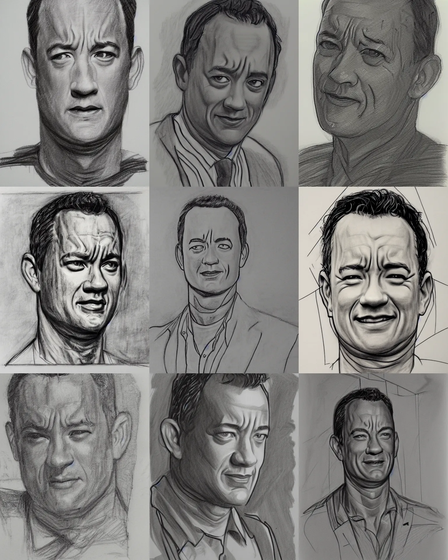 Prompt: linework construction lines preliminary vine charcoal underdrawing of tom hanks, by andrew loomis