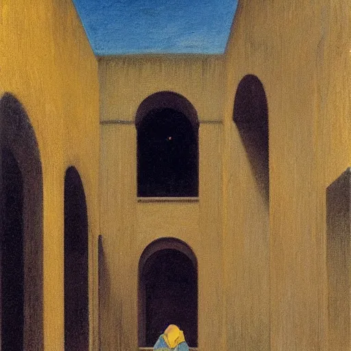 Image similar to in the distance, a little girl with short black hair and wearing a yellow coat alone in the inner courtyard of a cloister in an abbey, the light is bright and wintry, painting by hopper and de chirico