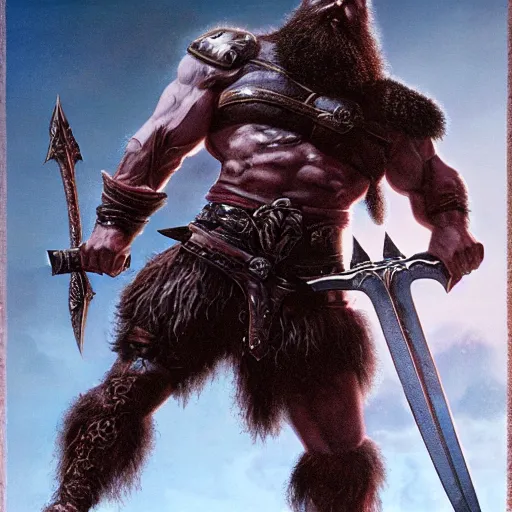 Image similar to an - epic - photo - of - a - bearded - barbarian, muscular, fantasy, masculine, sword, deathscape, wayne barlowe l, mid - action, ultra - detail, dramatic - lighting, octane fender,