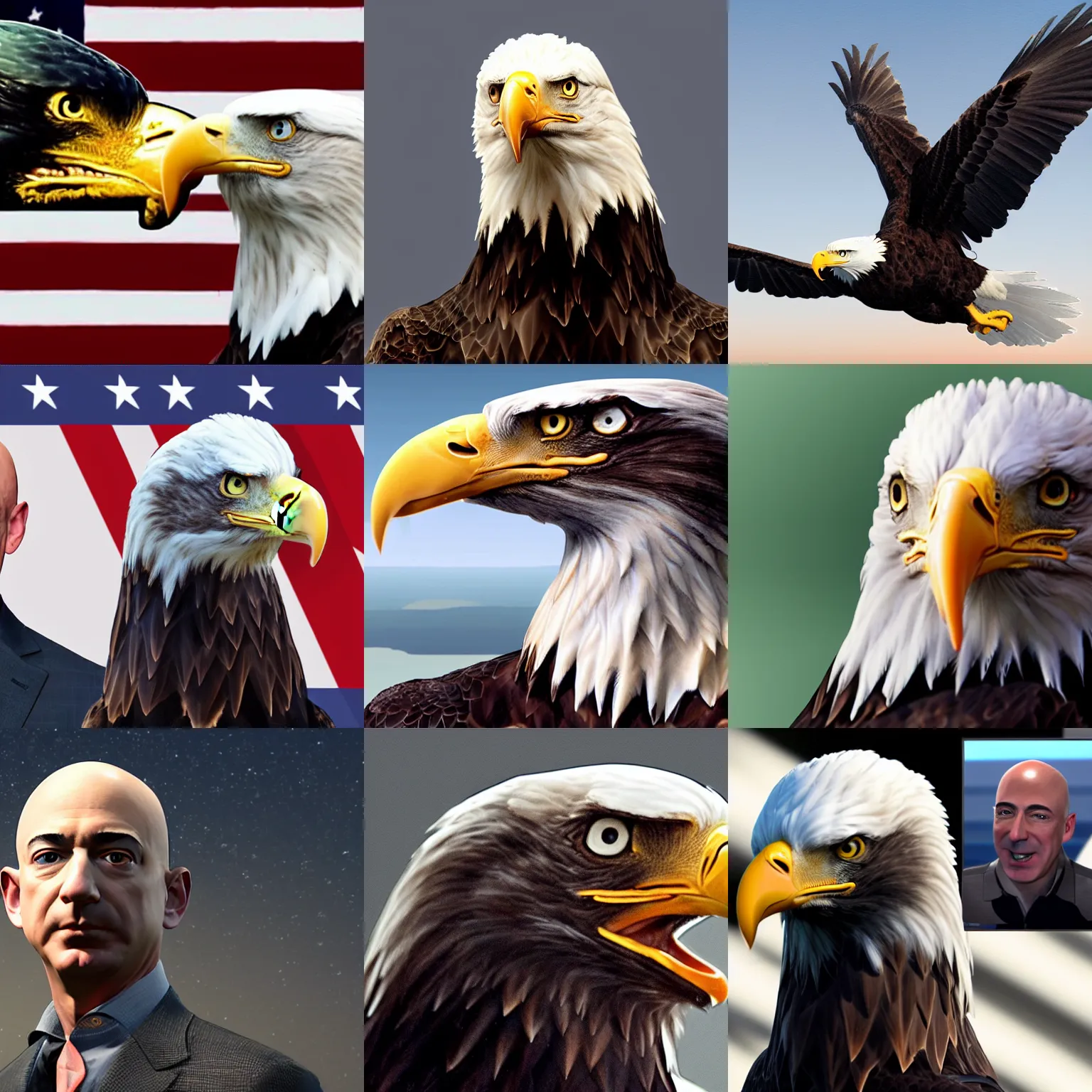 Prompt: a bald eagle with jeff bezos's head, unreal engine