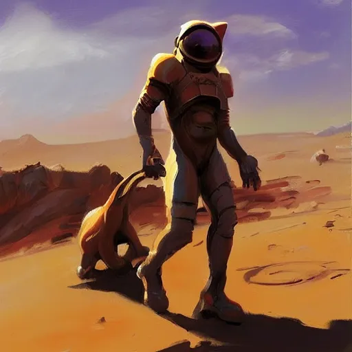 Image similar to cat walking on mars, trending on artstation, art by greg manchess, guangjian, detailed digital art, artstation hd