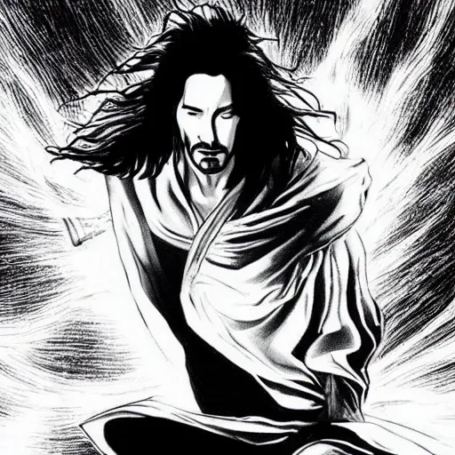 Prompt: black and white pen and ink!!!!!!! young handsome Keanu Reeves wearing cosmic space robes made of stars final form flowing royal hair golden!!!! Vagabond!!!!!!!! floating magic swordsman!!!! glides through a beautiful!!!!!!! liquid magic floral crystal battlefield dramatic esoteric!!!!!! Long hair flowing dancing illustrated in high detail!!!!!!!! by Moebius and Hiroya Oku!!!!!!!!! graphic novel published on 2049 award winning!!!! full body portrait!!!!! action exposition manga panel black and white Shonen Jump issue by David Lynch eraserhead and beautiful line art Hirohiko Araki!! Rossetti, Millais, Mucha, Jojo's Bizzare Adventure