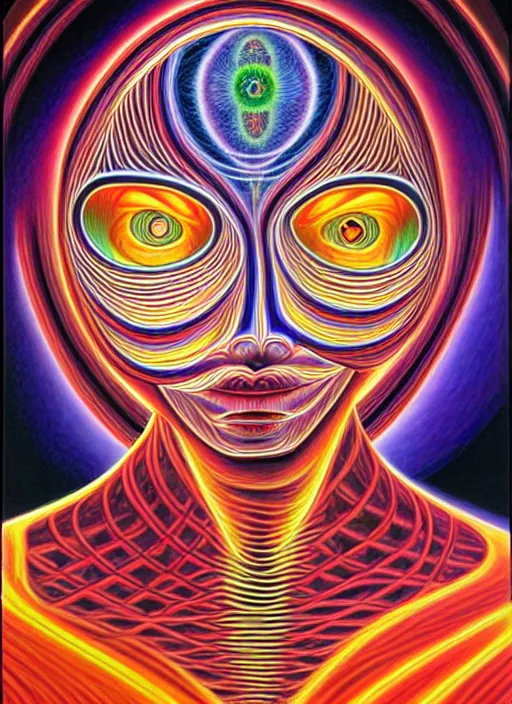 Prompt: Sideral self-reflecting journey through layers and layers of complexity, painting by Alex Grey