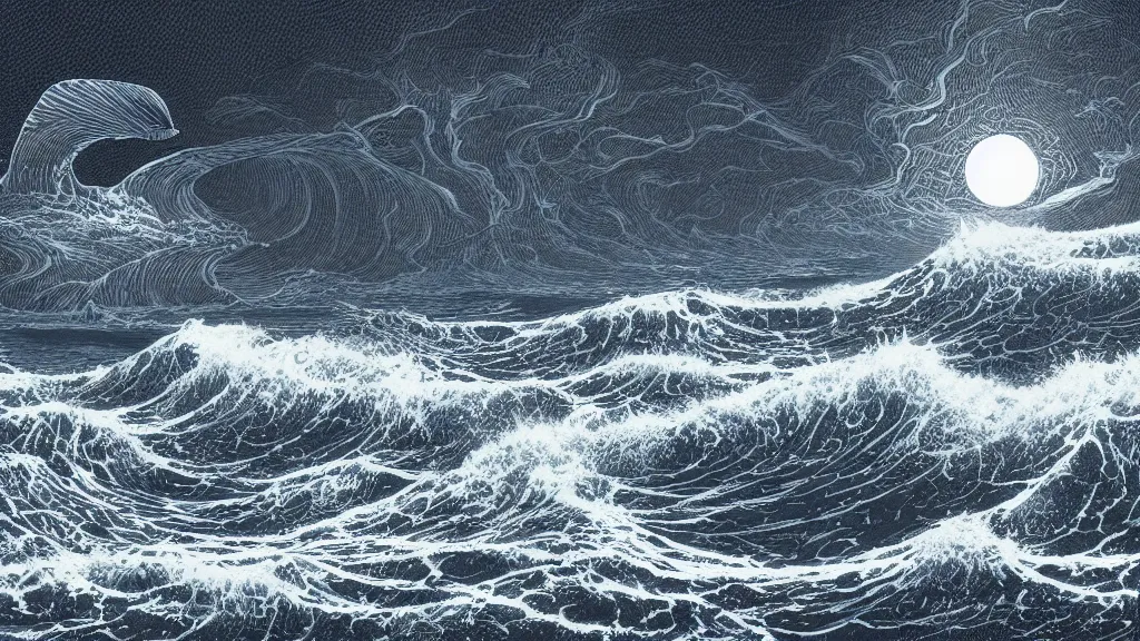 Image similar to highly detailed illustration of high exposure ocean waves at night by moebius, nico delort, oliver vernon, kilian eng, joseph moncada, damon soule, manabu ikeda, kyle hotz, dan mumford, otomo, 4 k resolution