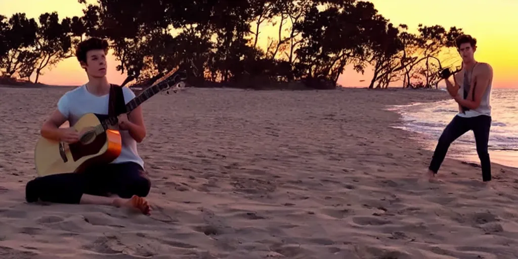 Prompt: Shawn Mendes en la playa tocando la guitarra at sunset