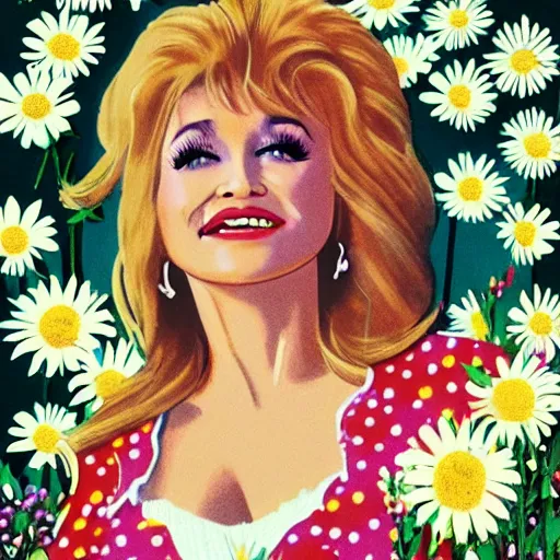 Prompt: young Dolly Parton surrounded by daisies, 70s poster design, retro, groovy, hippie