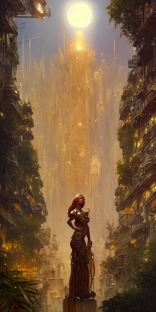 Image similar to golden ornate goddess looking at a hyper realistic cyberpunk city, busy crowded market street overtaken by lush plants, full moon, light rays, gnarly trees by tom bagshaw, mucha, gaston bussiere, craig mullins, j. c. leyendecker 8 k