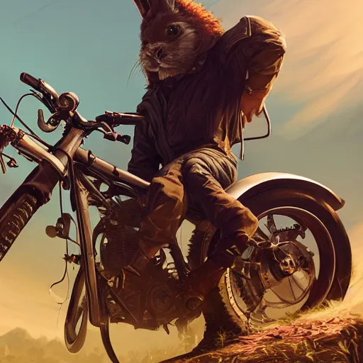 Image similar to highly detailed portrait of a biker rabbit in gta v, stephen bliss, unreal engine, fantasy art by greg rutkowski, loish, rhads, ferdinand knab, makoto shinkai and lois van baarle, ilya kuvshinov, rossdraws, tom bagshaw, global illumination, radiant light, detailed and intricate environment