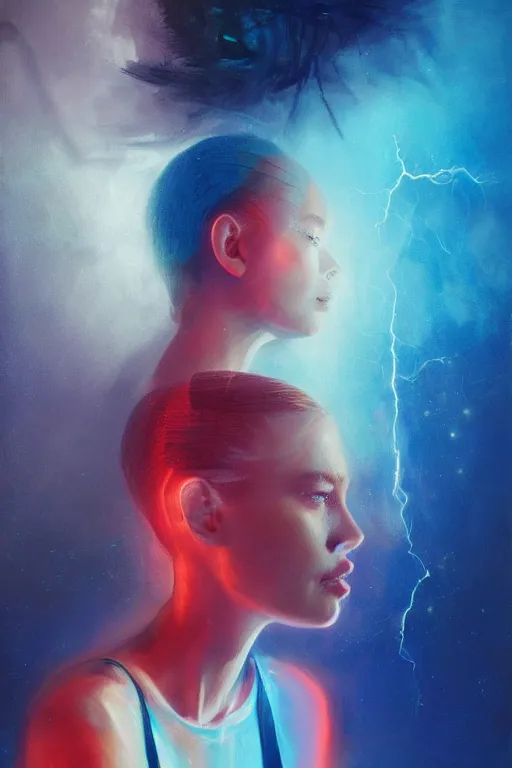 Image similar to 3 d, sci - fi, morning, sleepy fashion model face, sun, neon, cinematic, lightning clouds, vogue cover style, poster art, light red and deep blue mood, realistic painting, intricate oil painting, high detail, figurative art, multiple exposure, poster art, 3 d, by tooth wu and wlop and beeple and greg rutkowski