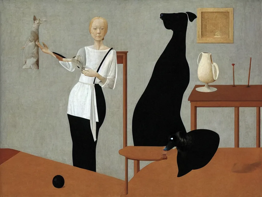 Prompt: Black dog, table, white dress. Alex Colville, Piero della Francesca