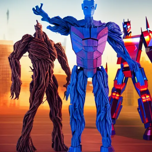 Image similar to groot and optimus prime in techno party among people dancing, wide shoot, after effect ultra realistic 3 d