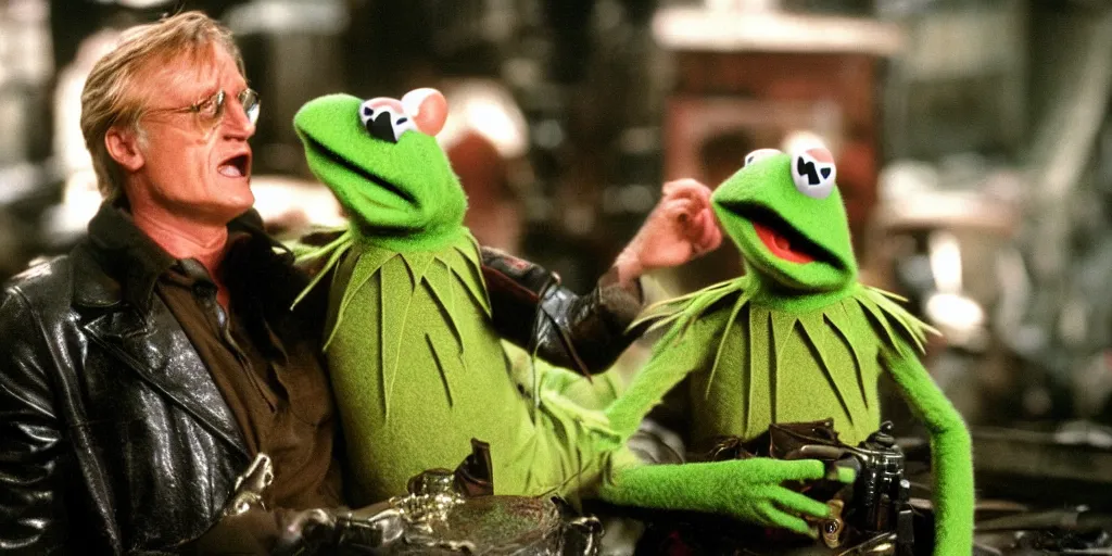 Image similar to Kermit the frog talking to Rutger Hauer on the set of the movie bladerunner, 3d detailed, digital art