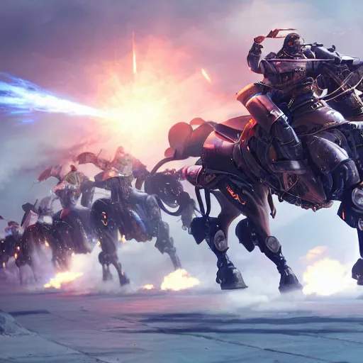 Prompt: The charge of the light brigade with robotic horses, steampunk, dramatic lighting, heavy weapons fire, by Makoto Shinkai and Ruan Jia