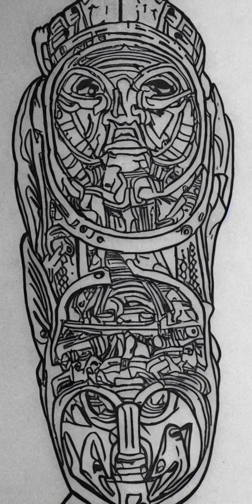 Image similar to tattoo stencil of an ancient astronaut, very detailed, thick bold lines, intricate