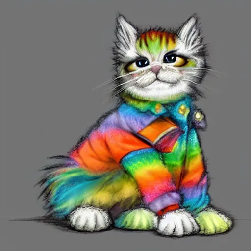 Image similar to wide angle full body, of a fluffy cute rainbow kitten wearing a black motorcycle jacket, concept art